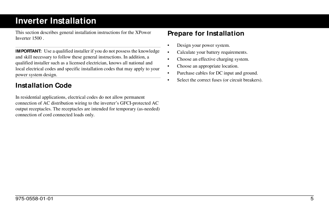 Xantrex Technology 975-0558-01-01 i manual Inverter Installation, Installation Code, Prepare for Installation 