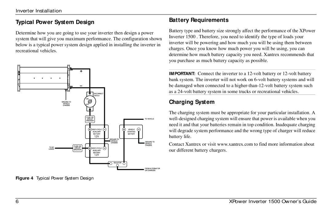 Xantrex Technology 975-0558-01-01 i manual Typical Power System Design, Battery Requirements, Charging System 