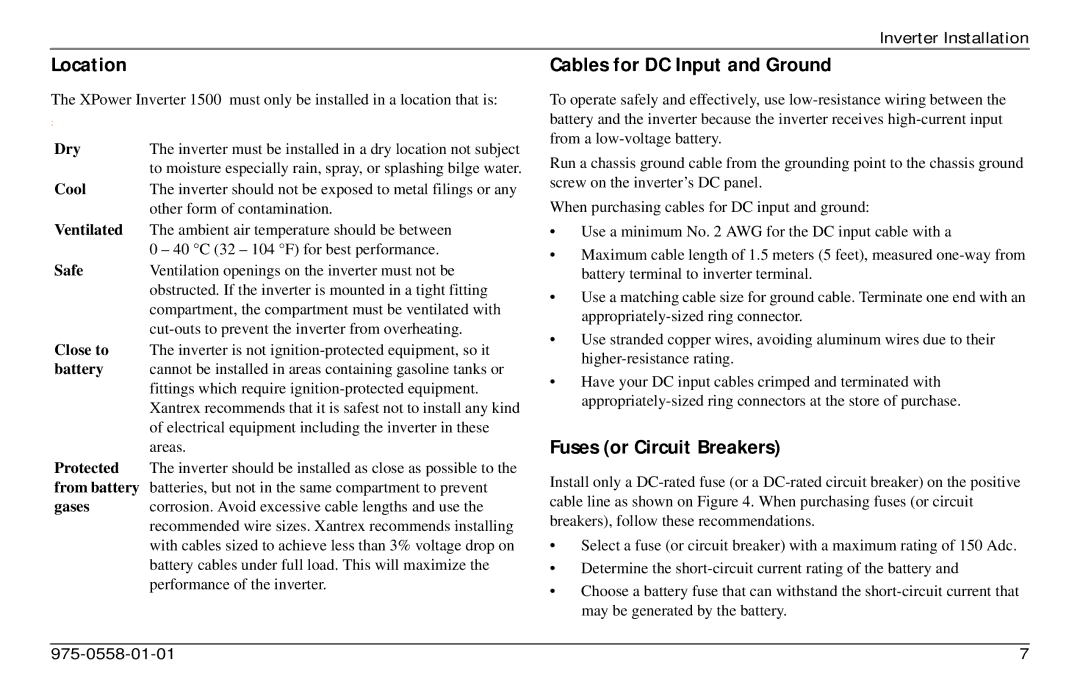 Xantrex Technology 975-0558-01-01 i manual Location, Cables for DC Input and Ground, Fuses or Circuit Breakers 
