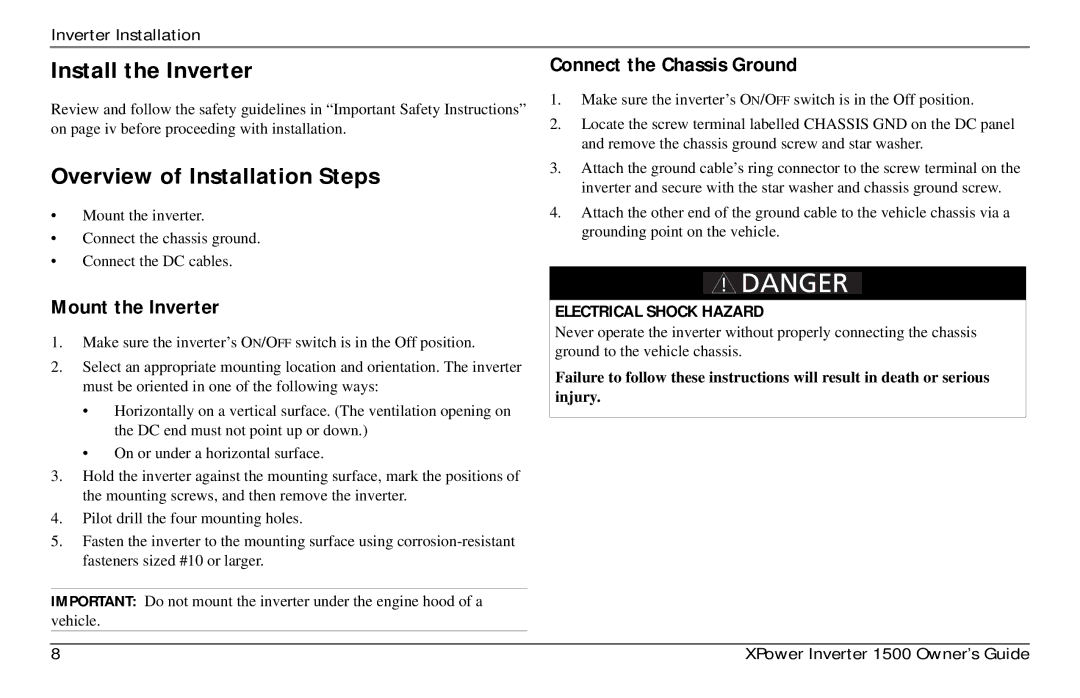 Xantrex Technology 975-0558-01-01 i manual Install the Inverter, Overview of Installation Steps, Connect the Chassis Ground 