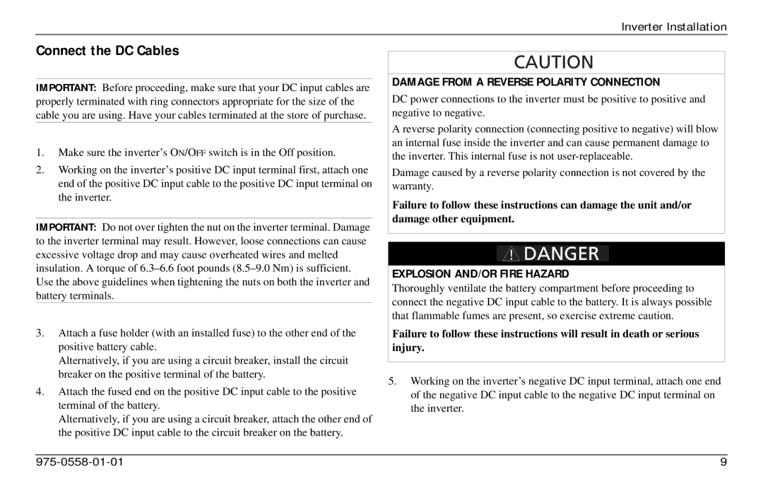 Xantrex Technology 975-0558-01-01 i manual Connect the DC Cables, Damage from a Reverse Polarity Connection 