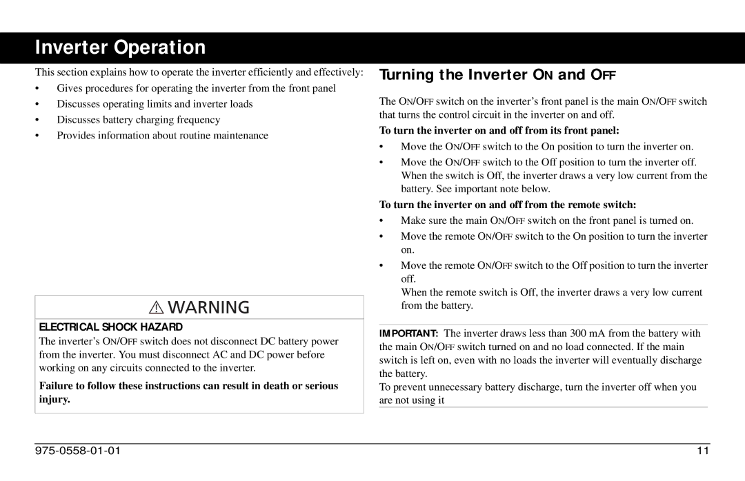 Xantrex Technology 975-0558-01-01 i manual Inverter Operation, Turning the Inverter on and OFF 