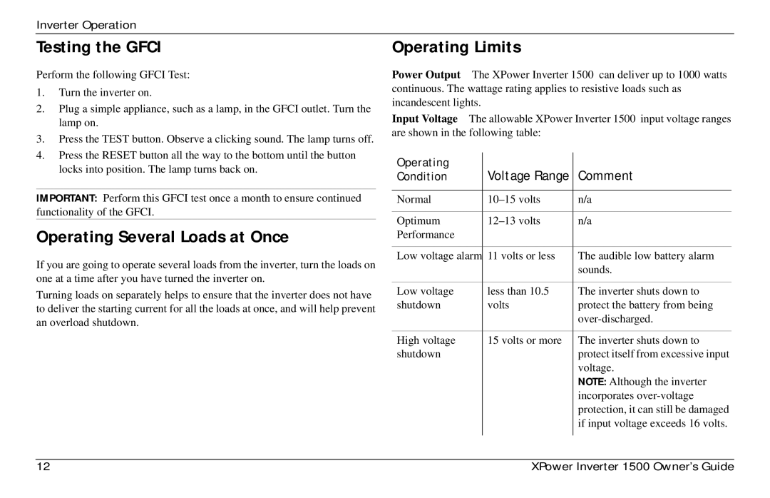 Xantrex Technology 975-0558-01-01 i manual Testing the Gfci, Operating Several Loads at Once, Operating Limits 