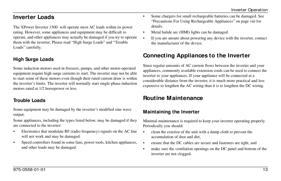 Xantrex Technology 975-0558-01-01 i manual Inverter Loads, Connecting Appliances to the Inverter, Routine Maintenance 