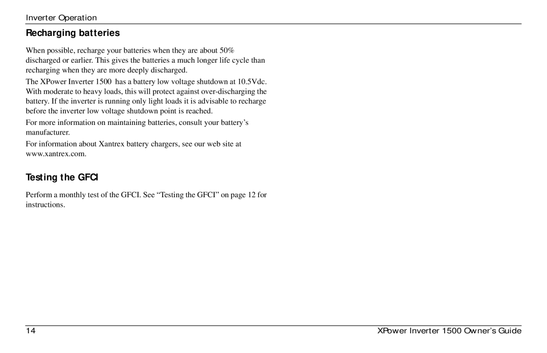 Xantrex Technology 975-0558-01-01 i manual Recharging batteries, Testing the Gfci 