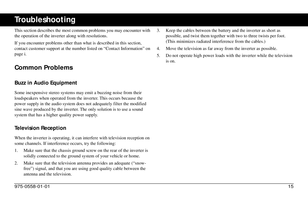 Xantrex Technology 975-0558-01-01 i manual Troubleshooting, Common Problems, Buzz in Audio Equipment, Television Reception 