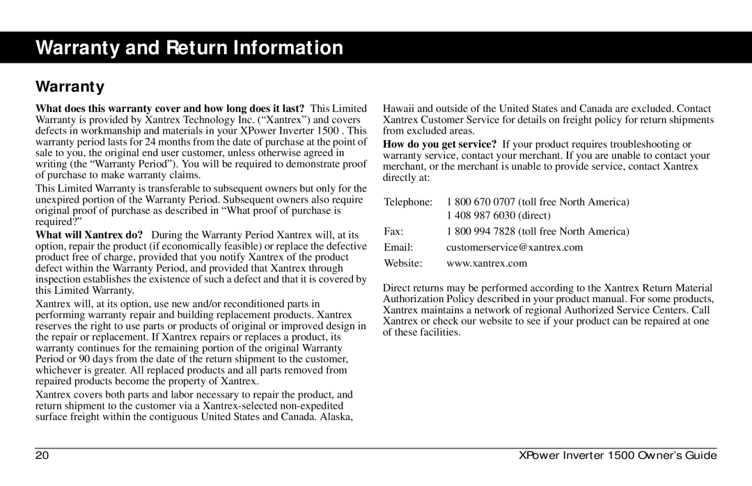 Xantrex Technology 975-0558-01-01 i manual Warranty and Return Information 