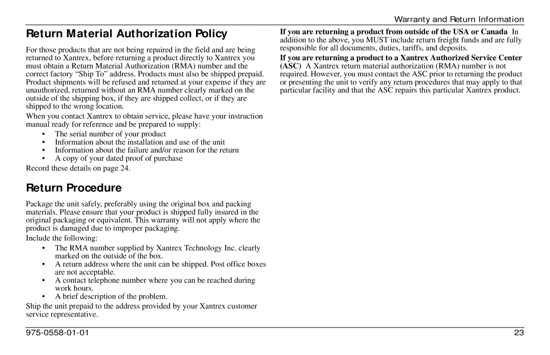 Xantrex Technology 975-0558-01-01 i manual Return Material Authorization Policy, Return Procedure 