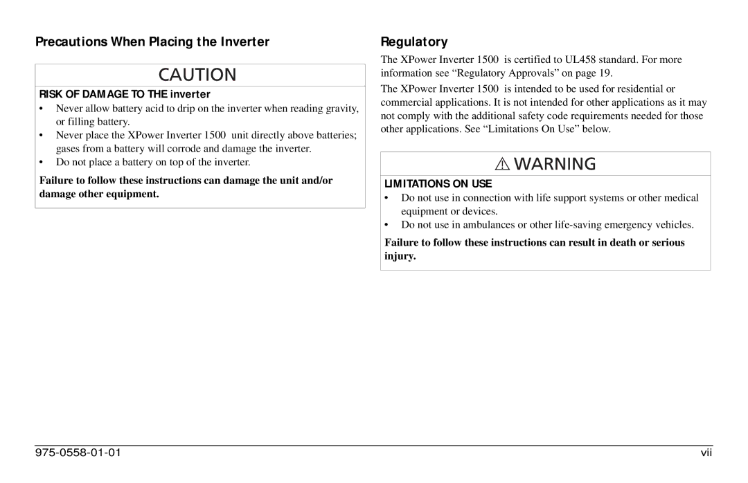 Xantrex Technology 975-0558-01-01 i manual Precautions When Placing the Inverter, Regulatory 