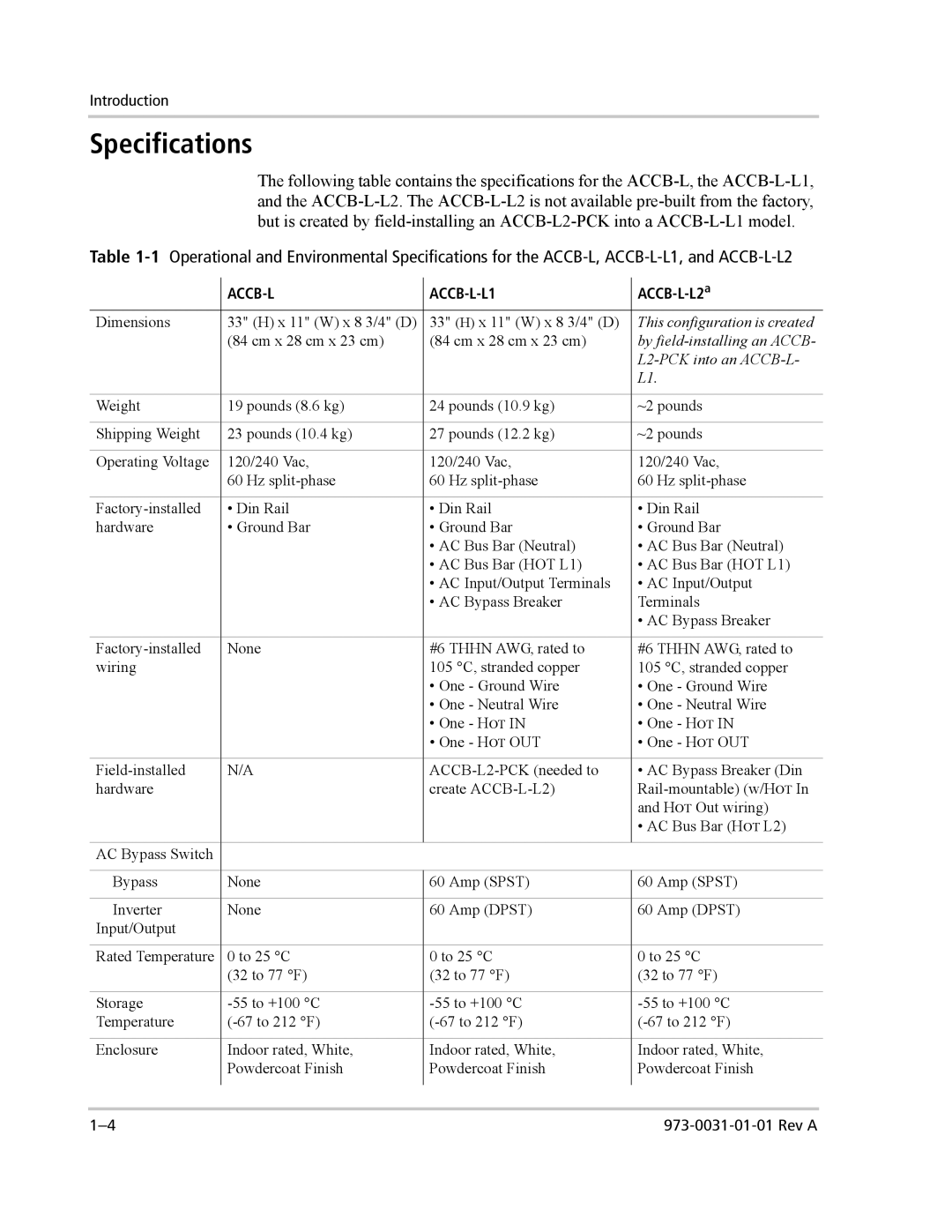 Xantrex Technology manual Specifications, ACCB-L ACCB-L-L1 