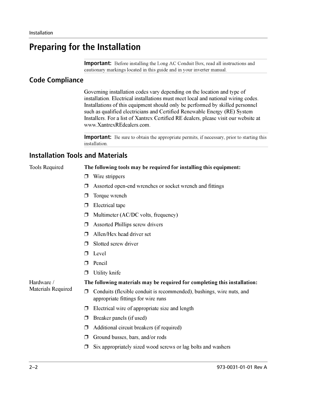 Xantrex Technology ACCB-L-L1 manual Preparing for the Installation, Code Compliance, Installation Tools and Materials 