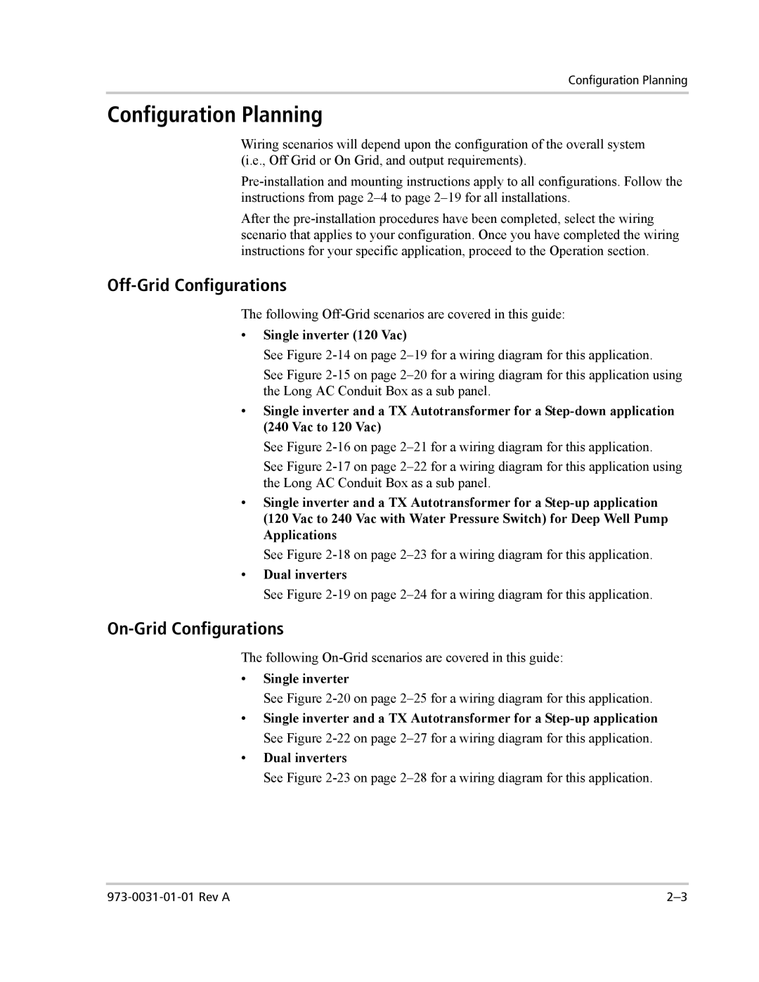 Xantrex Technology ACCB-L-L1 manual Configuration Planning, Off-Grid Configurations, On-Grid Configurations 