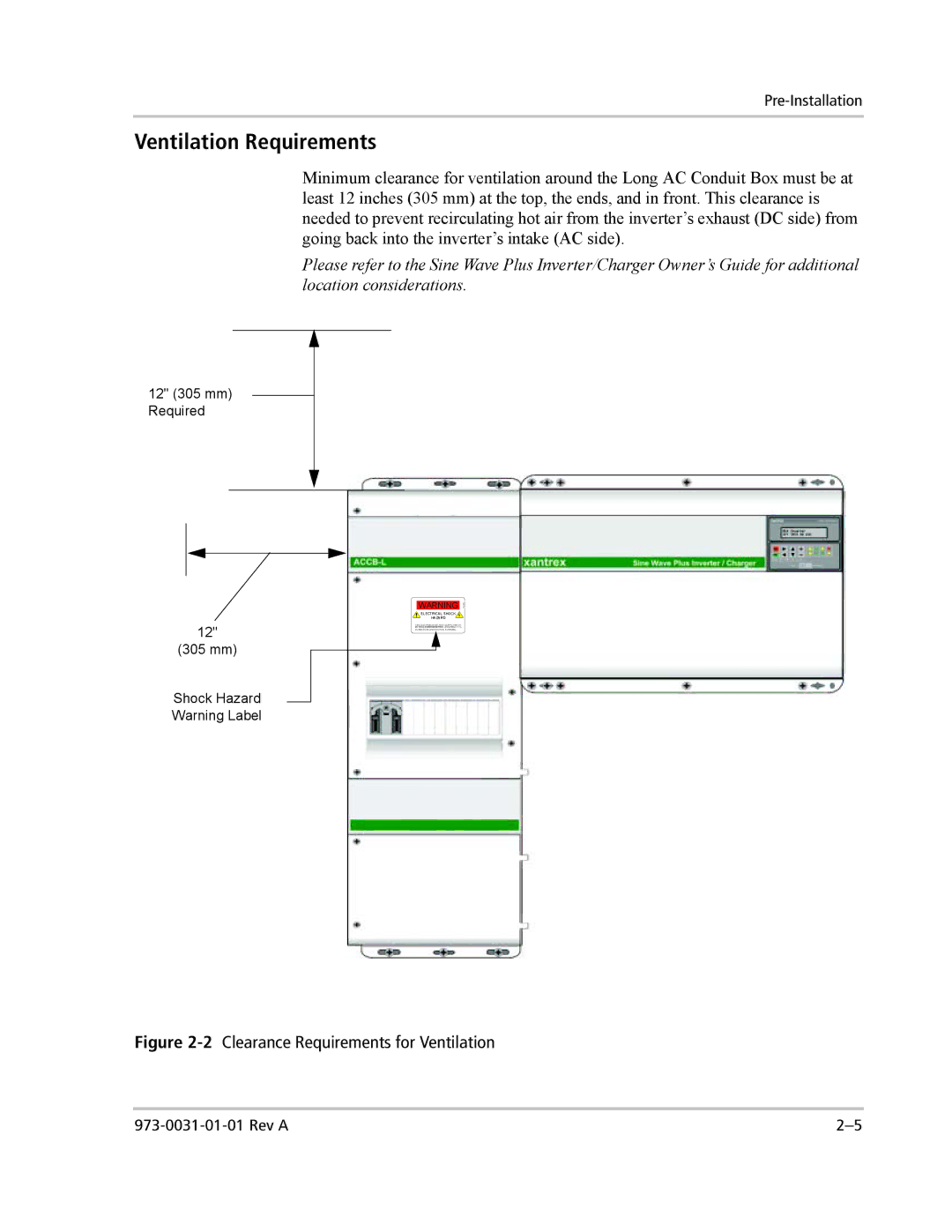 Xantrex Technology ACCB-L-L1 manual Ventilation Requirements, 12 305 mm Required Shock Hazard Warning Label 