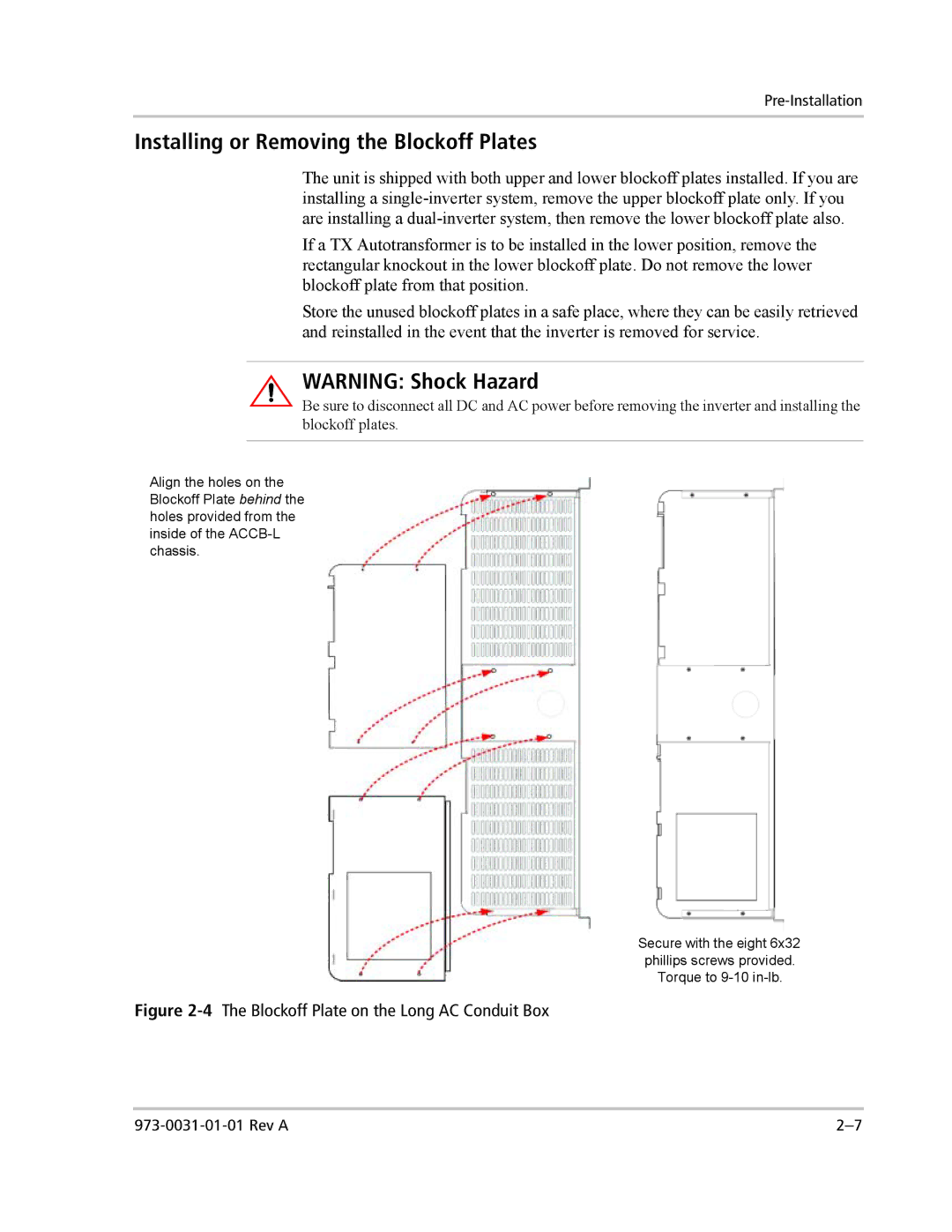 Xantrex Technology ACCB-L manual Installing or Removing the Blockoff Plates, 4The Blockoff Plate on the Long AC Conduit Box 