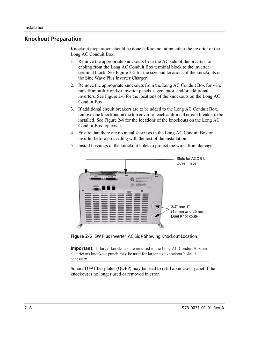 Xantrex Technology ACCB-L-L1 manual Knockout Preparation, 5SW Plus Inverter, AC Side Showing Knockout Location 