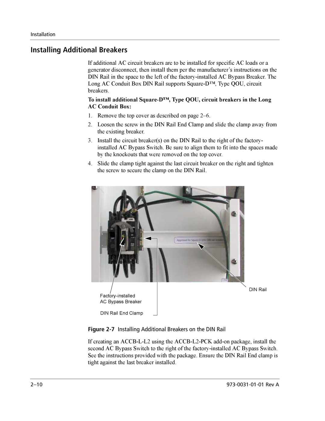 Xantrex Technology ACCB-L-L1 manual 7Installing Additional Breakers on the DIN Rail 