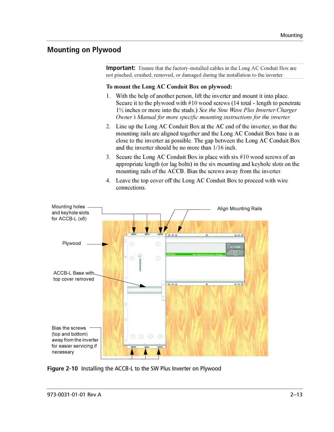 Xantrex Technology ACCB-L-L1 manual Mounting on Plywood, To mount the Long AC Conduit Box on plywood 