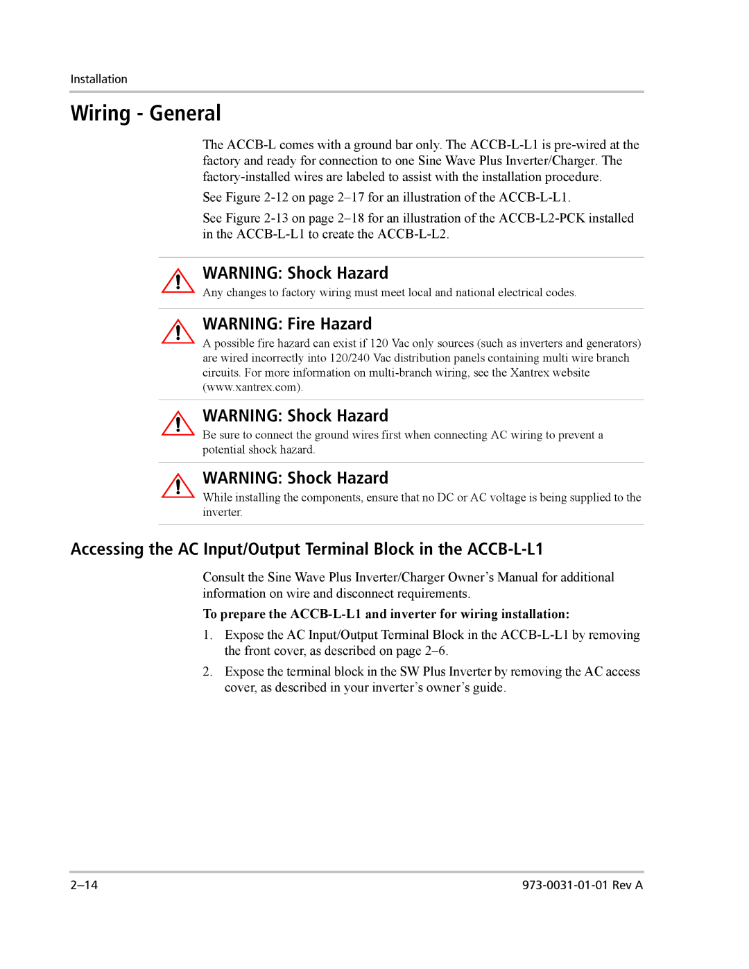 Xantrex Technology ACCB-L-L1 manual Wiring General 