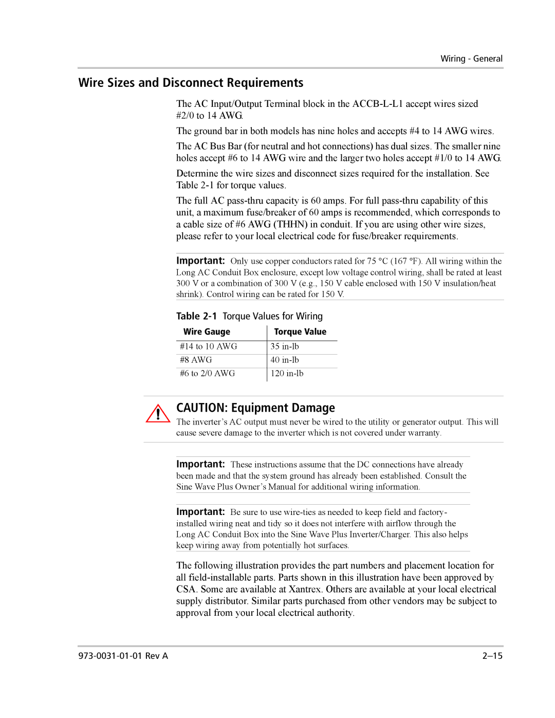 Xantrex Technology ACCB-L-L1 manual Wire Sizes and Disconnect Requirements, 1Torque Values for Wiring 