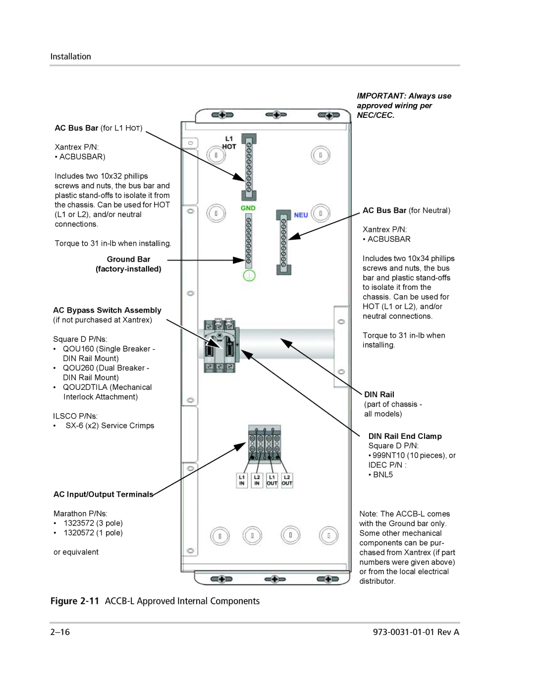 Xantrex Technology ACCB-L-L1 manual 11ACCB-L Approved Internal Components 