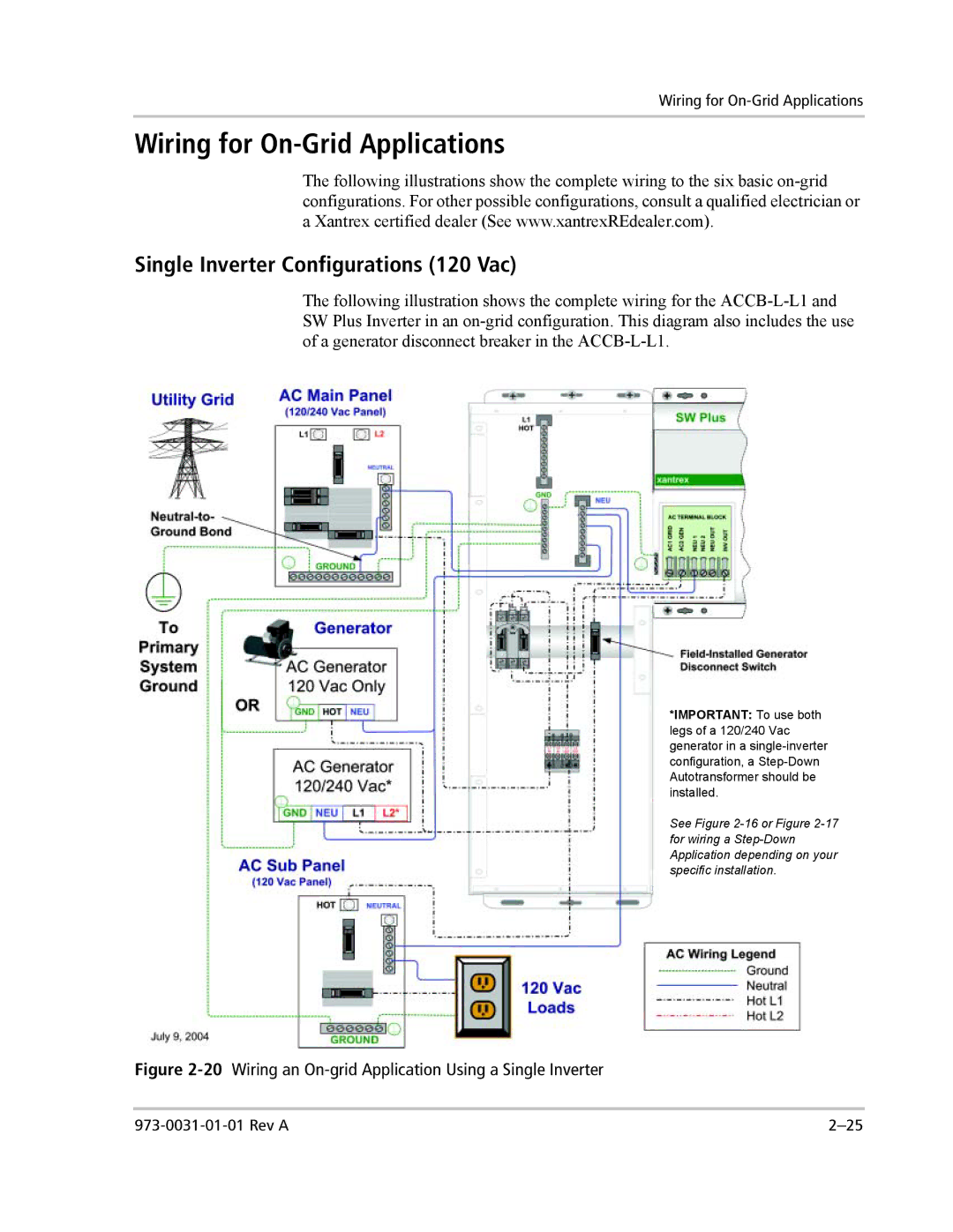 Xantrex Technology ACCB-L manual Wiring for On-Grid Applications, 20Wiring an On-grid Application Using a Single Inverter 