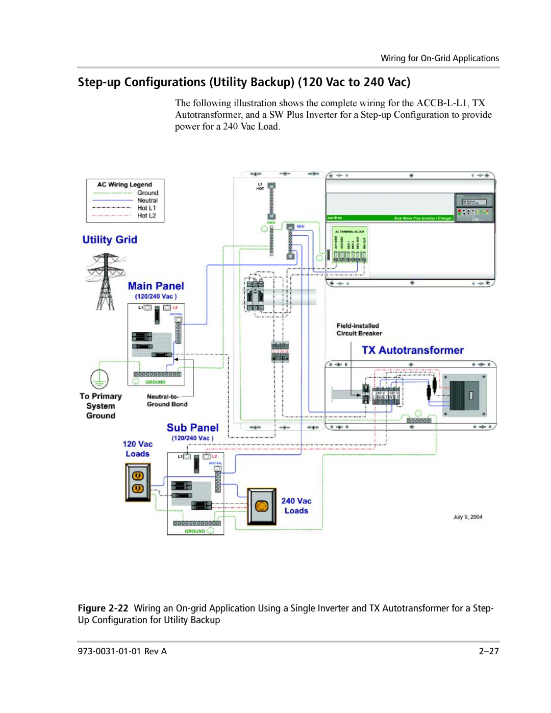 Xantrex Technology ACCB-L-L1 manual Step-up Configurations Utility Backup 120 Vac to 240 Vac 