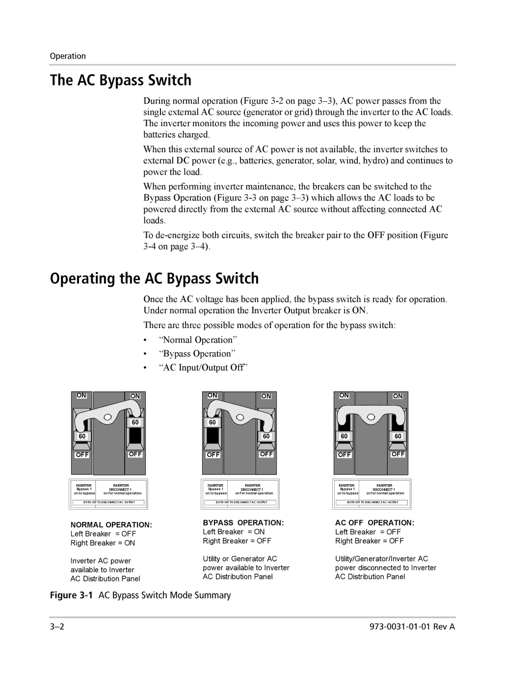 Xantrex Technology ACCB-L-L1 manual Operating the AC Bypass Switch 