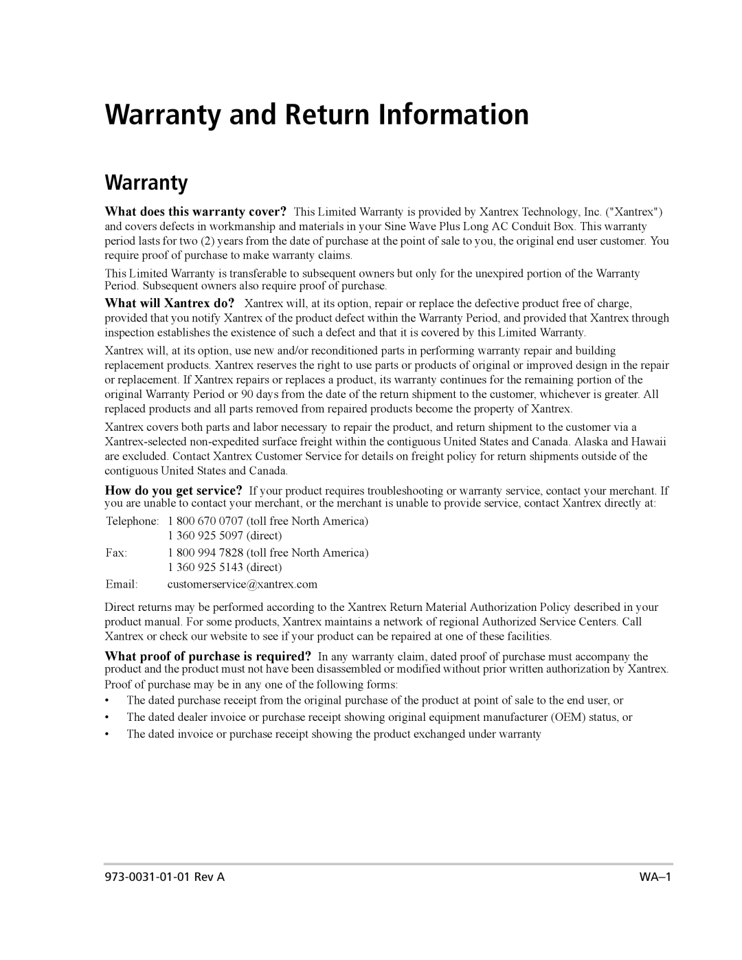 Xantrex Technology ACCB-L-L1 manual Warranty and Return Information 