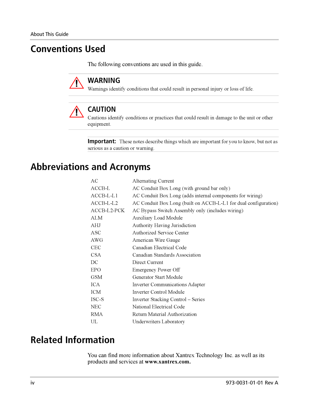 Xantrex Technology ACCB-L-L1 manual Conventions Used, Abbreviations and Acronyms, Related Information 