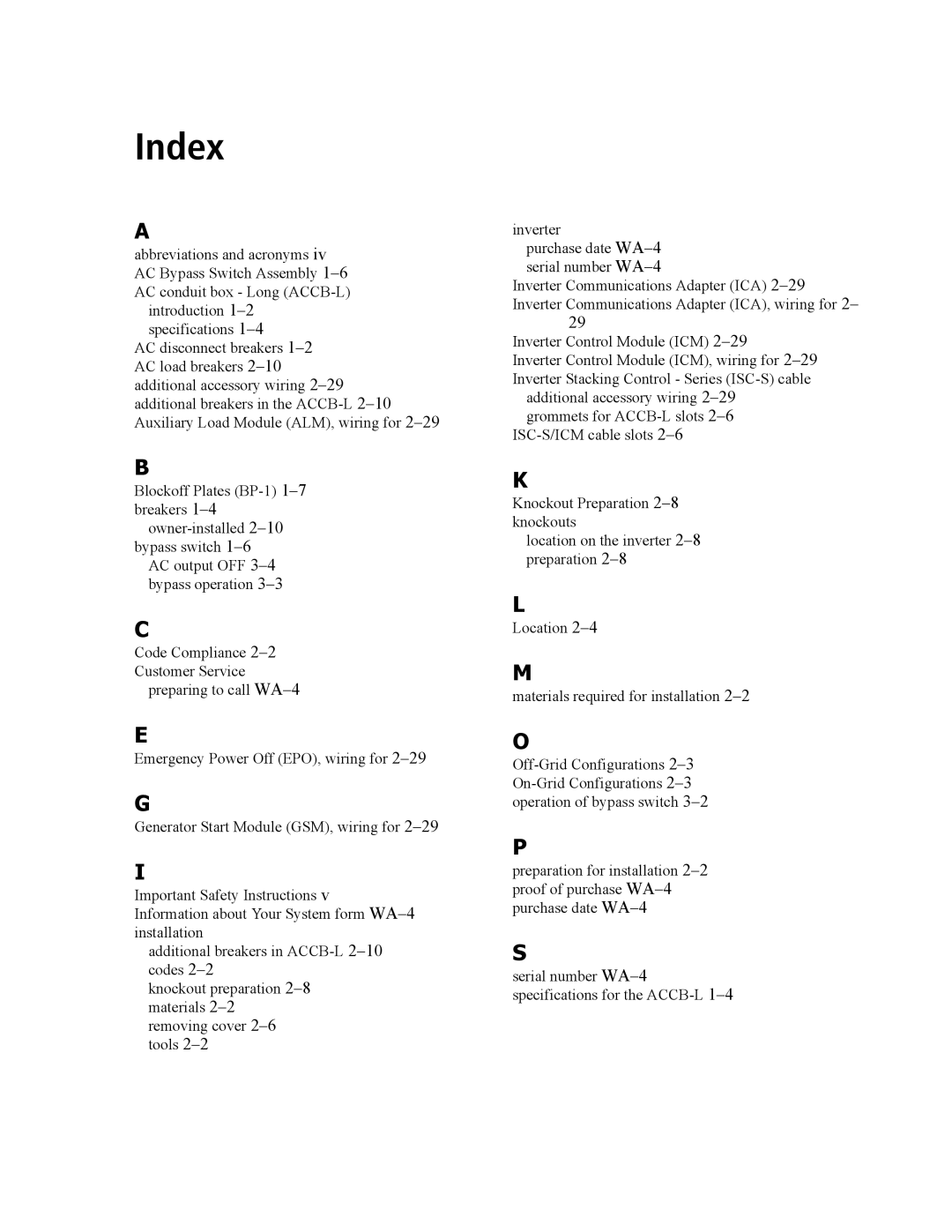 Xantrex Technology ACCB-L-L1 manual Index 