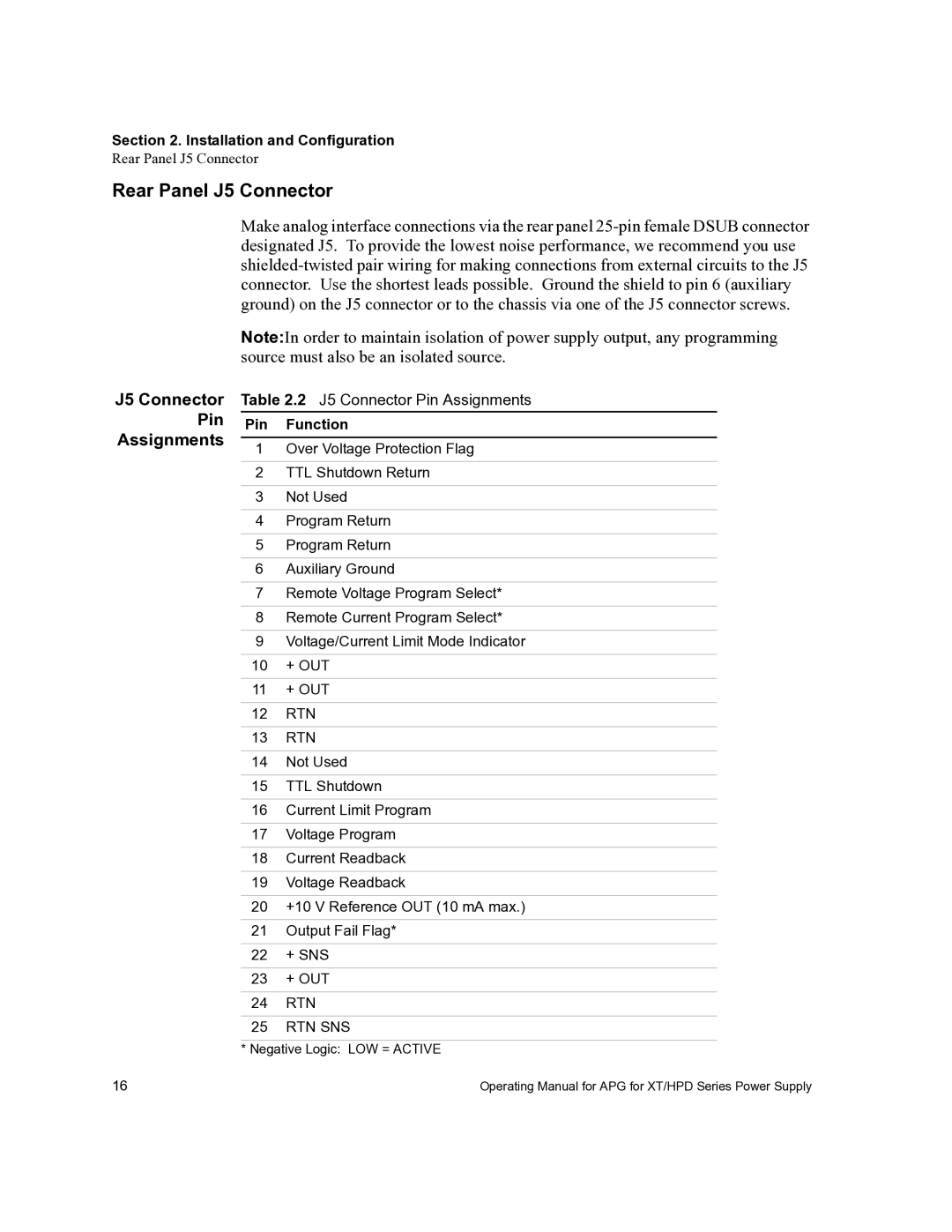 Xantrex Technology APG-HPD, APG-XT manual Rear Panel J5 Connector, J5 Connector Pin Assignments 