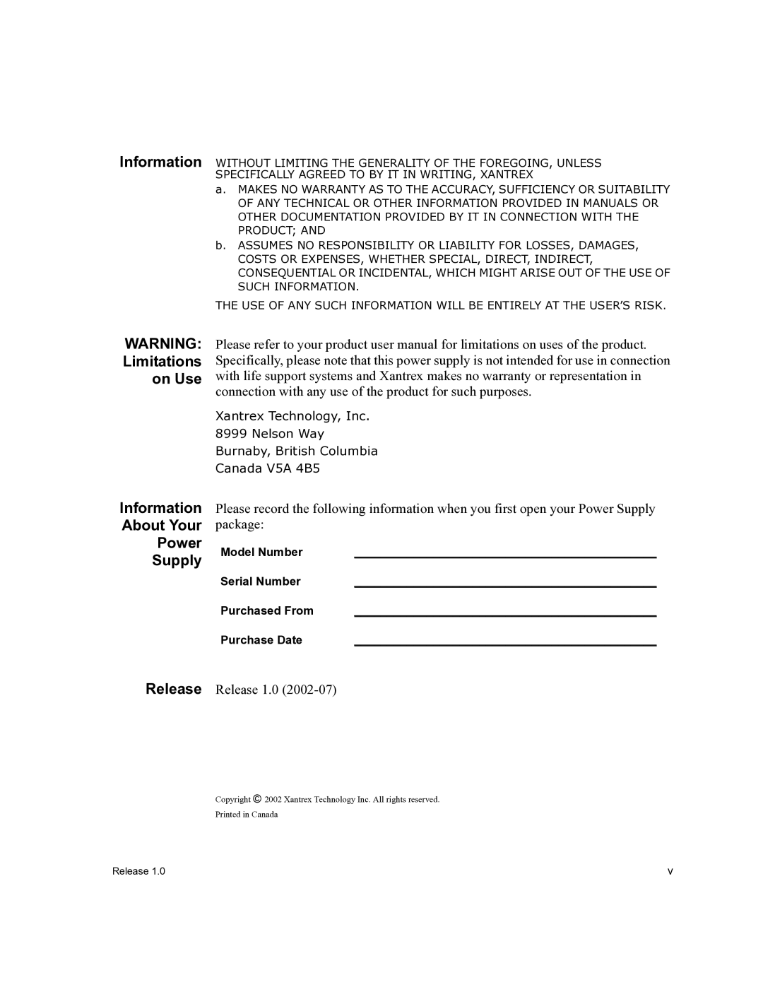 Xantrex Technology APG-XT, APG-HPD manual Information About Your Power Supply, Release Release 1.0 