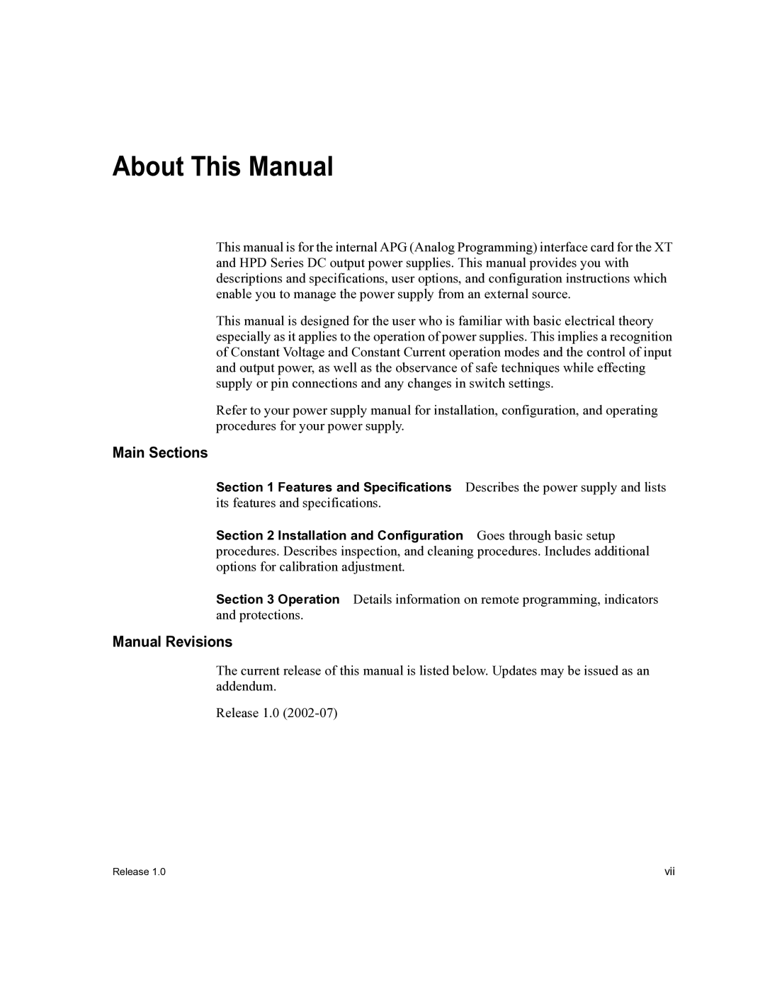 Xantrex Technology APG-XT, APG-HPD manual Main Sections, Manual Revisions 