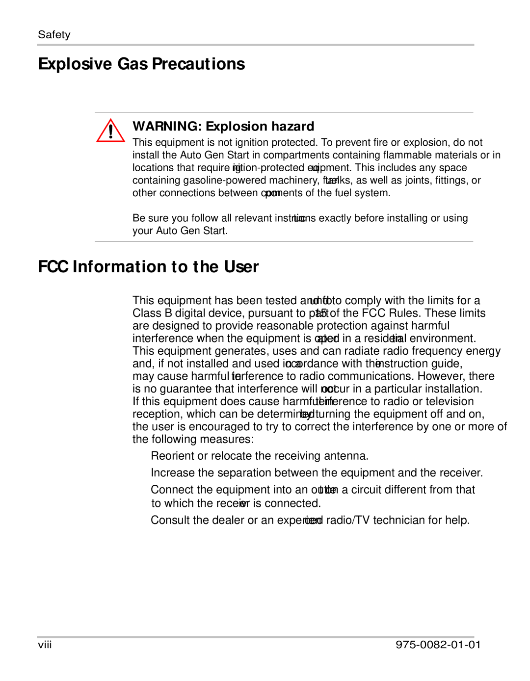 Xantrex Technology Automatic Generator manual Explosive Gas Precautions, FCC Information to the User 