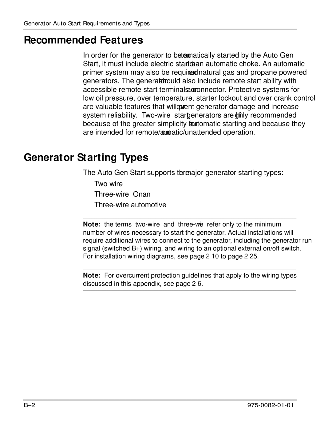 Xantrex Technology Automatic Generator manual Recommended Features, Generator Starting Types 