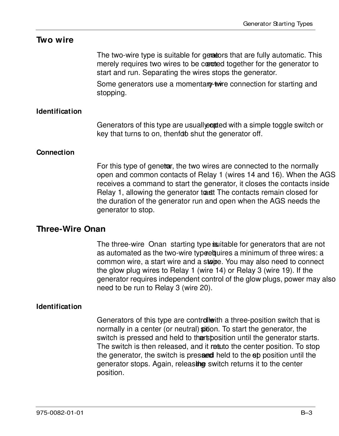 Xantrex Technology Automatic Generator manual Two wire, Three-Wire Onan, Identification, Connection 