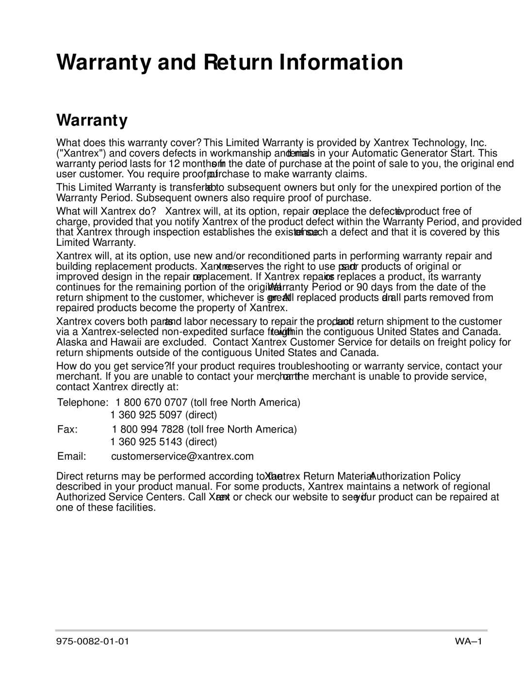 Xantrex Technology Automatic Generator manual Warranty and Return Information 