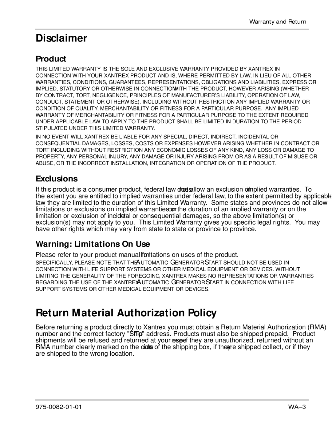 Xantrex Technology Automatic Generator manual Disclaimer, Return Material Authorization Policy, Product, Exclusions 