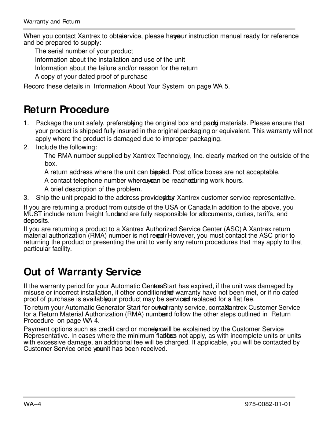 Xantrex Technology Automatic Generator manual Return Procedure, Out of Warranty Service 