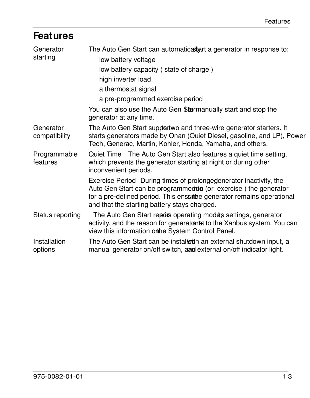 Xantrex Technology Automatic Generator manual Features 