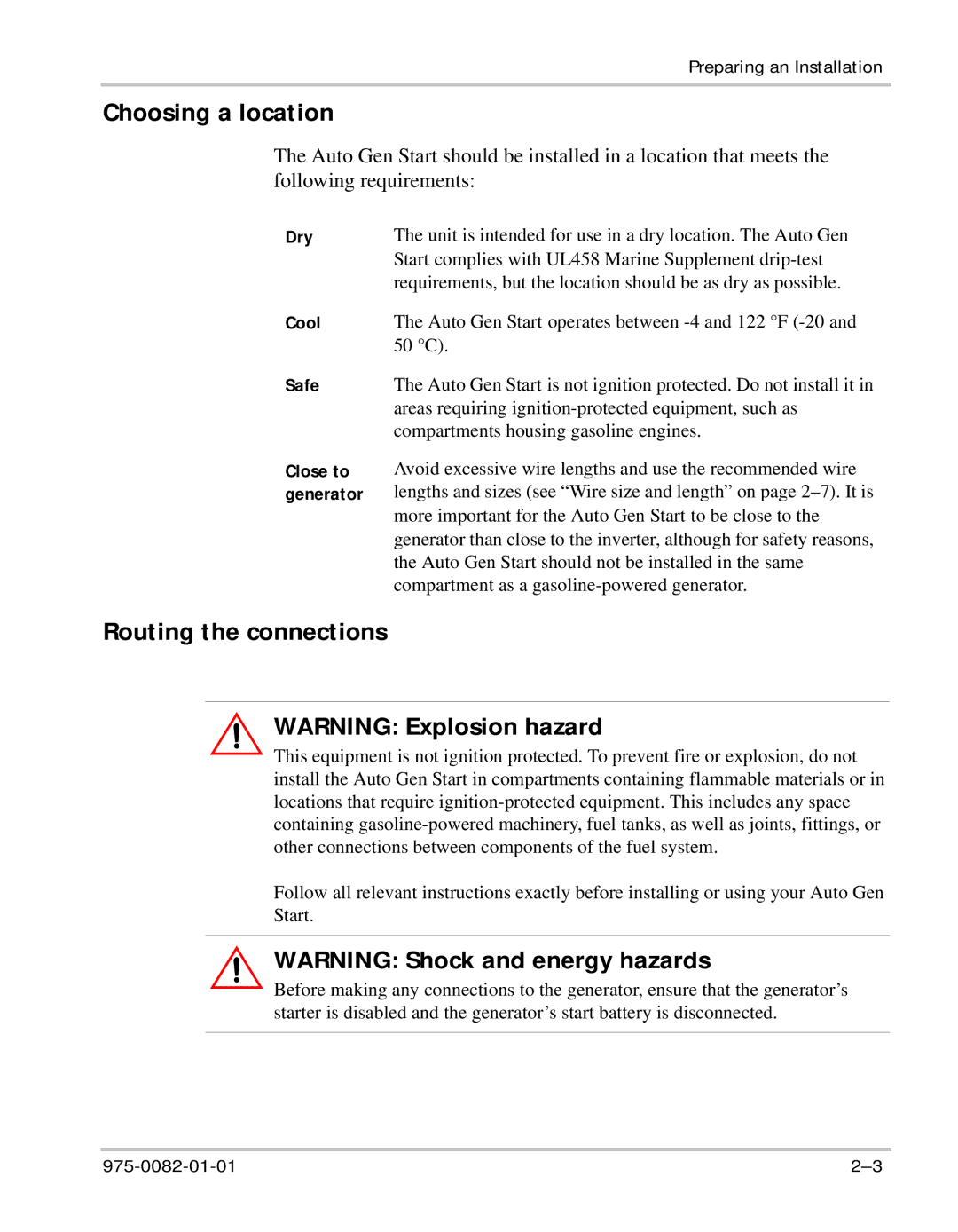 Xantrex Technology Automatic Generator manual Choosing a location, Routing the connections 