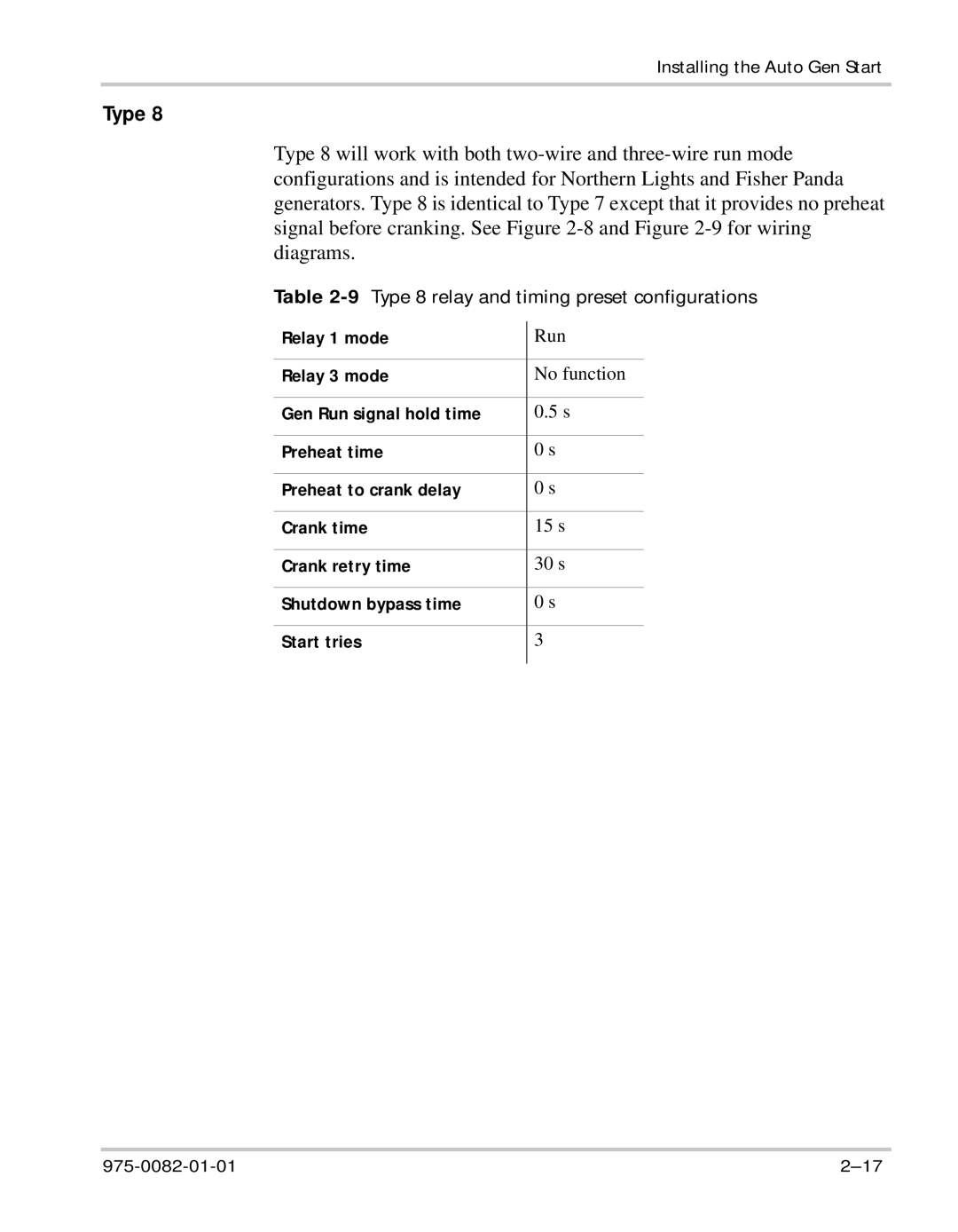 Xantrex Technology Automatic Generator manual 9Type 8 relay and timing preset configurations 