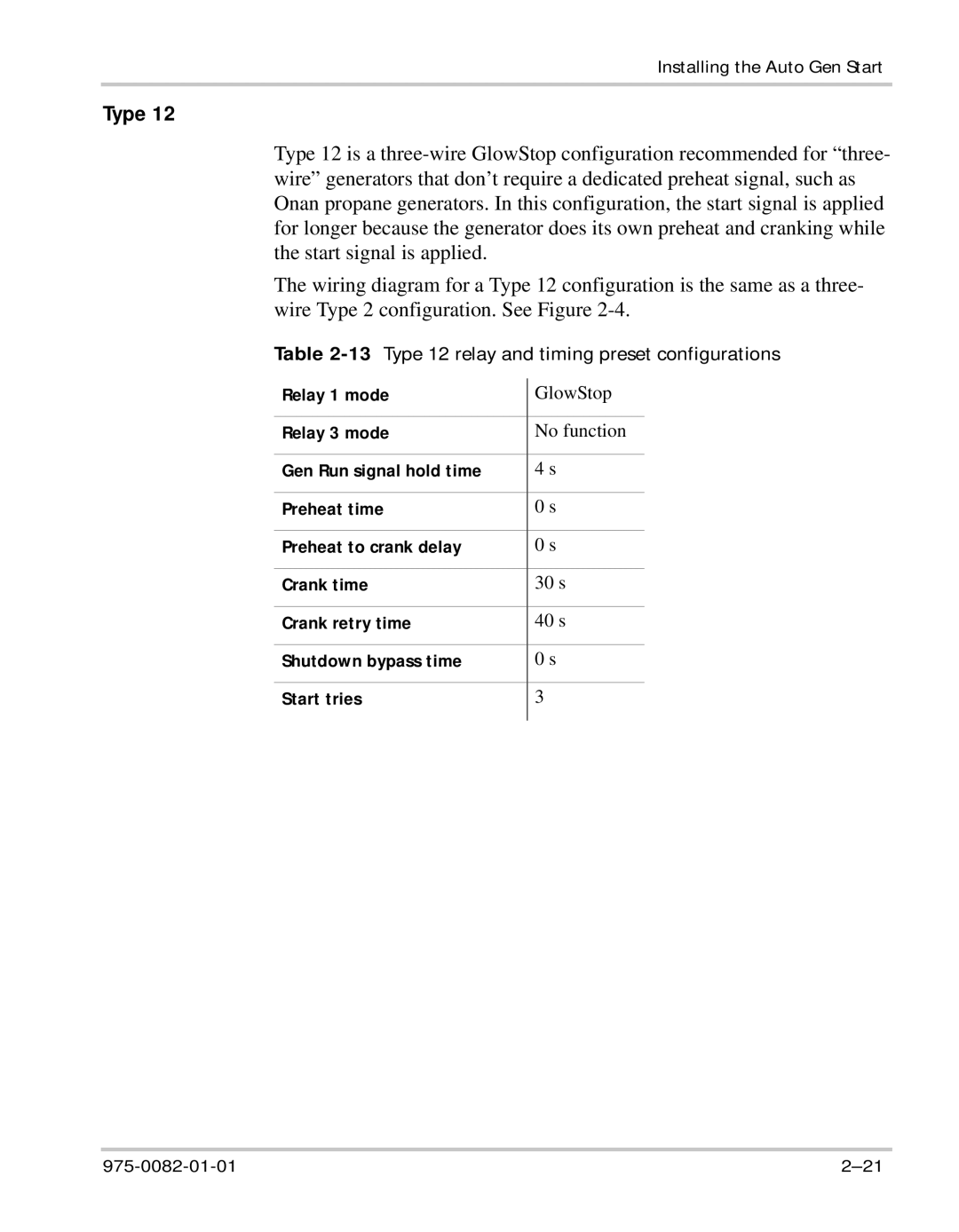 Xantrex Technology Automatic Generator manual 13Type 12 relay and timing preset configurations 