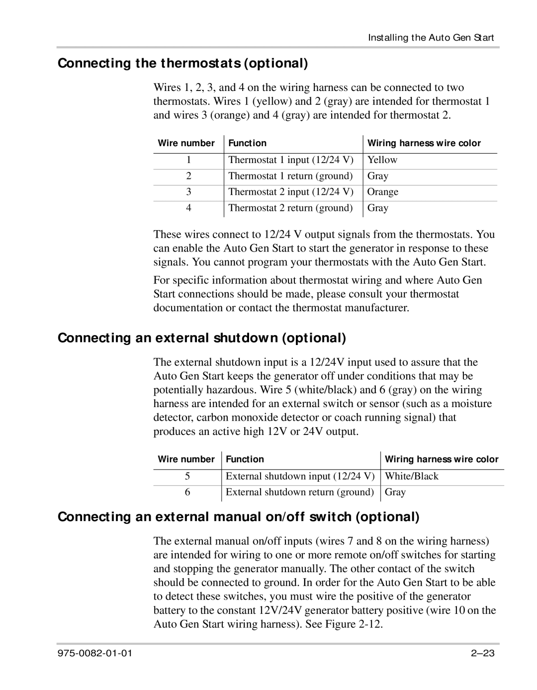 Xantrex Technology Automatic Generator manual Connecting the thermostats optional, Connecting an external shutdown optional 