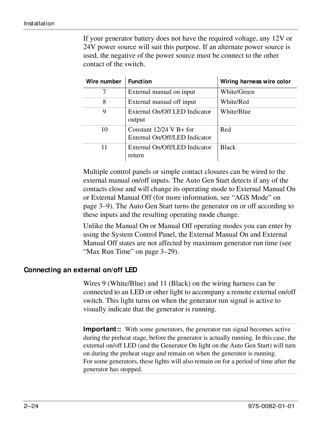 Xantrex Technology Automatic Generator manual Connecting an external on/off LED 