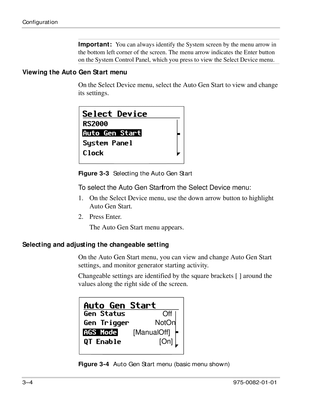 Xantrex Technology Automatic Generator Viewing the Auto Gen Start menu, Selecting and adjusting the changeable setting 