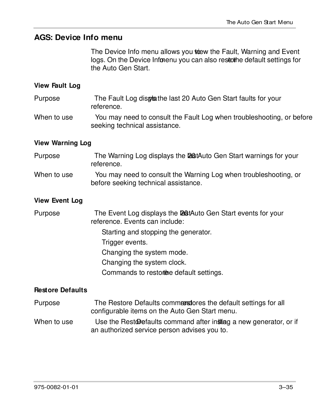 Xantrex Technology Automatic Generator manual AGS Device Info menu, View Fault Log, View Warning Log, View Event Log 