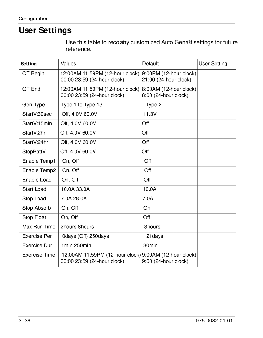 Xantrex Technology Automatic Generator manual User Settings, Values Default User Setting 