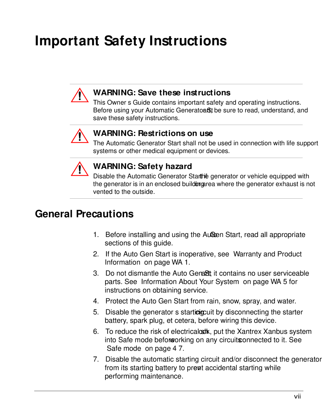 Xantrex Technology Automatic Generator manual Important Safety Instructions, General Precautions 