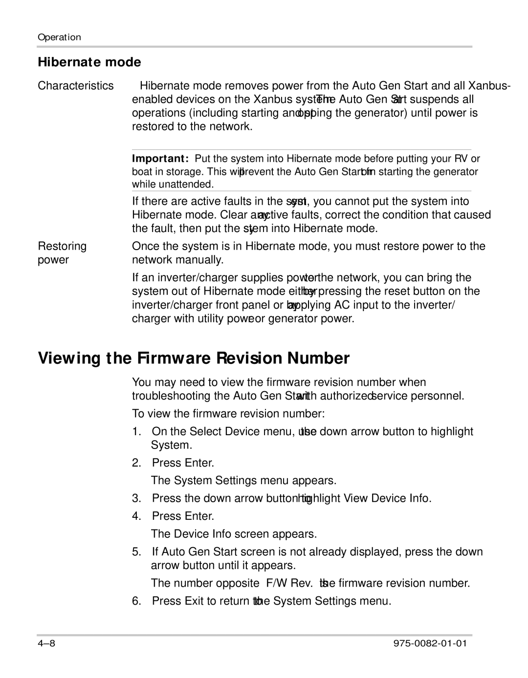 Xantrex Technology Automatic Generator manual Viewing the Firmware Revision Number, Hibernate mode 